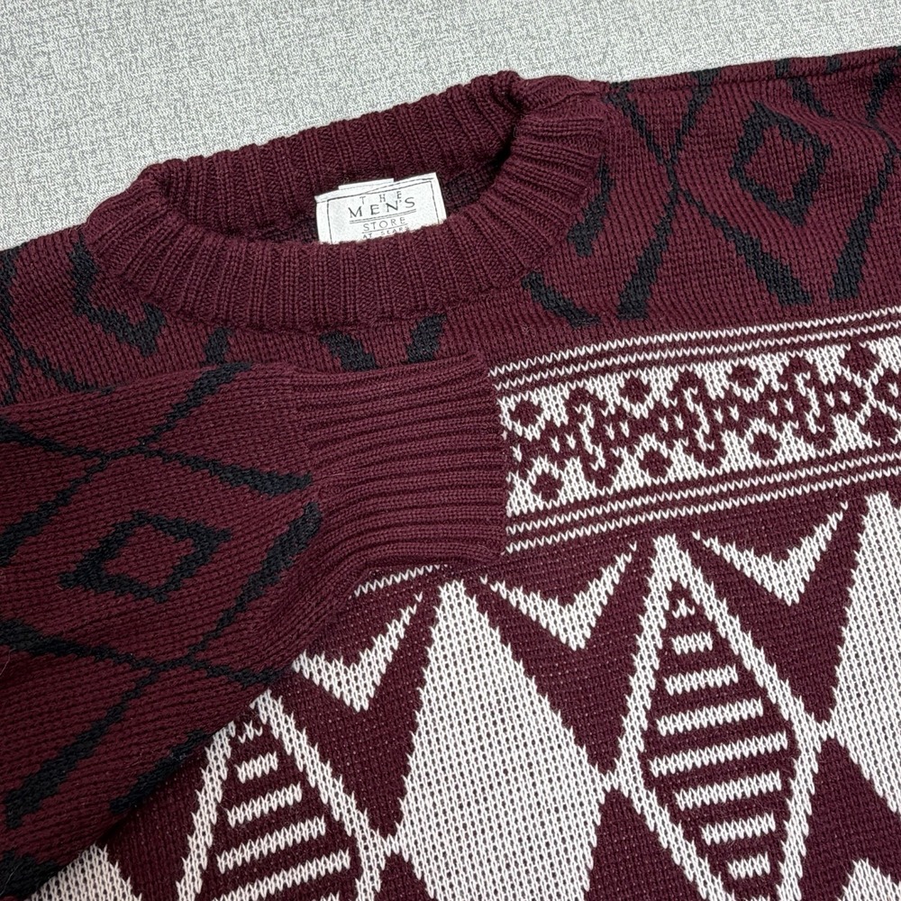 Vintage Sears Men's Store Geometric Aztec Knit Sweater Burgundy Crewneck L Retro